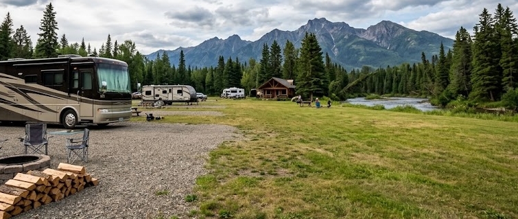 Large 65-foot motorhome parked in a pull-thru site at Kitwanga River RV Campground BC
